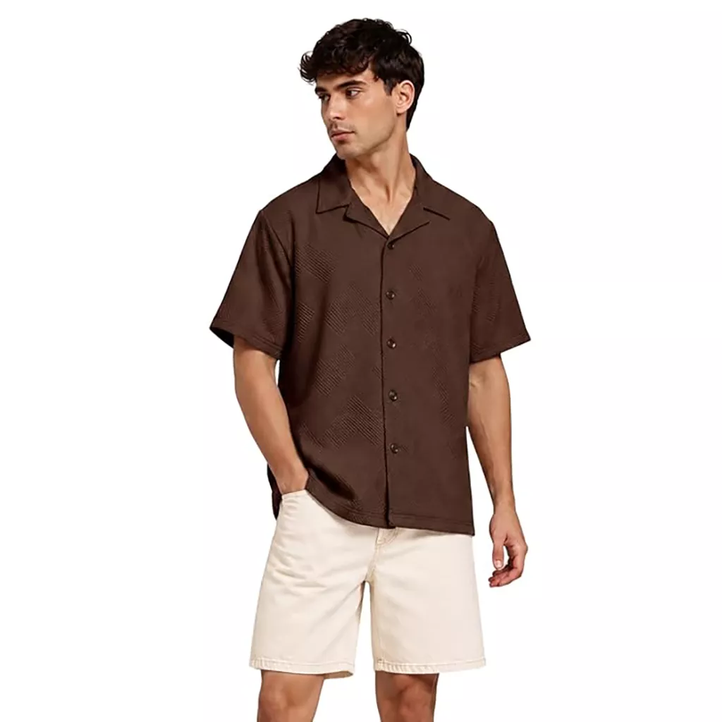 Casual Shirts for Men - Leriya Brown Textured Cuban Collar Half Sleeve Shirt, XL